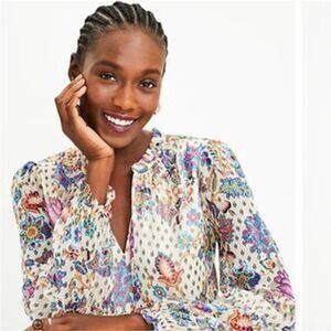 LOFT Women's Floral Print Long Sleeve Semi-Sheer Ruffle Split Neck Blouse Sz MP